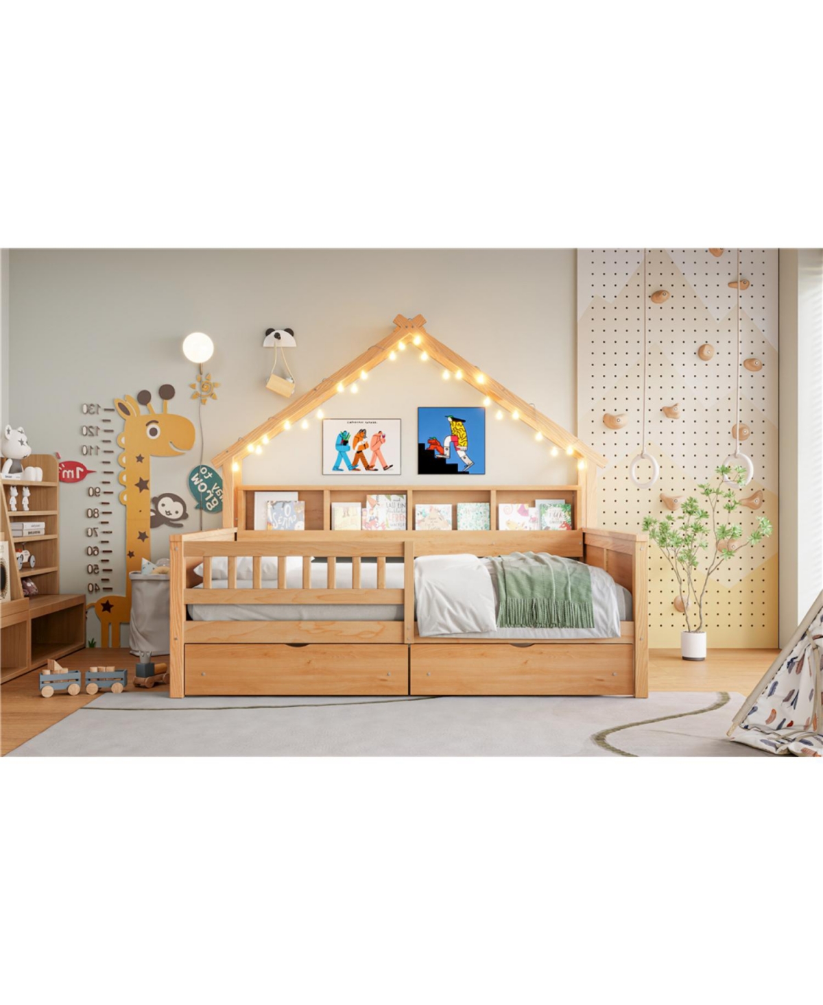 Streamdale Furniture Wood Full House Platform Bed with Led & Storage