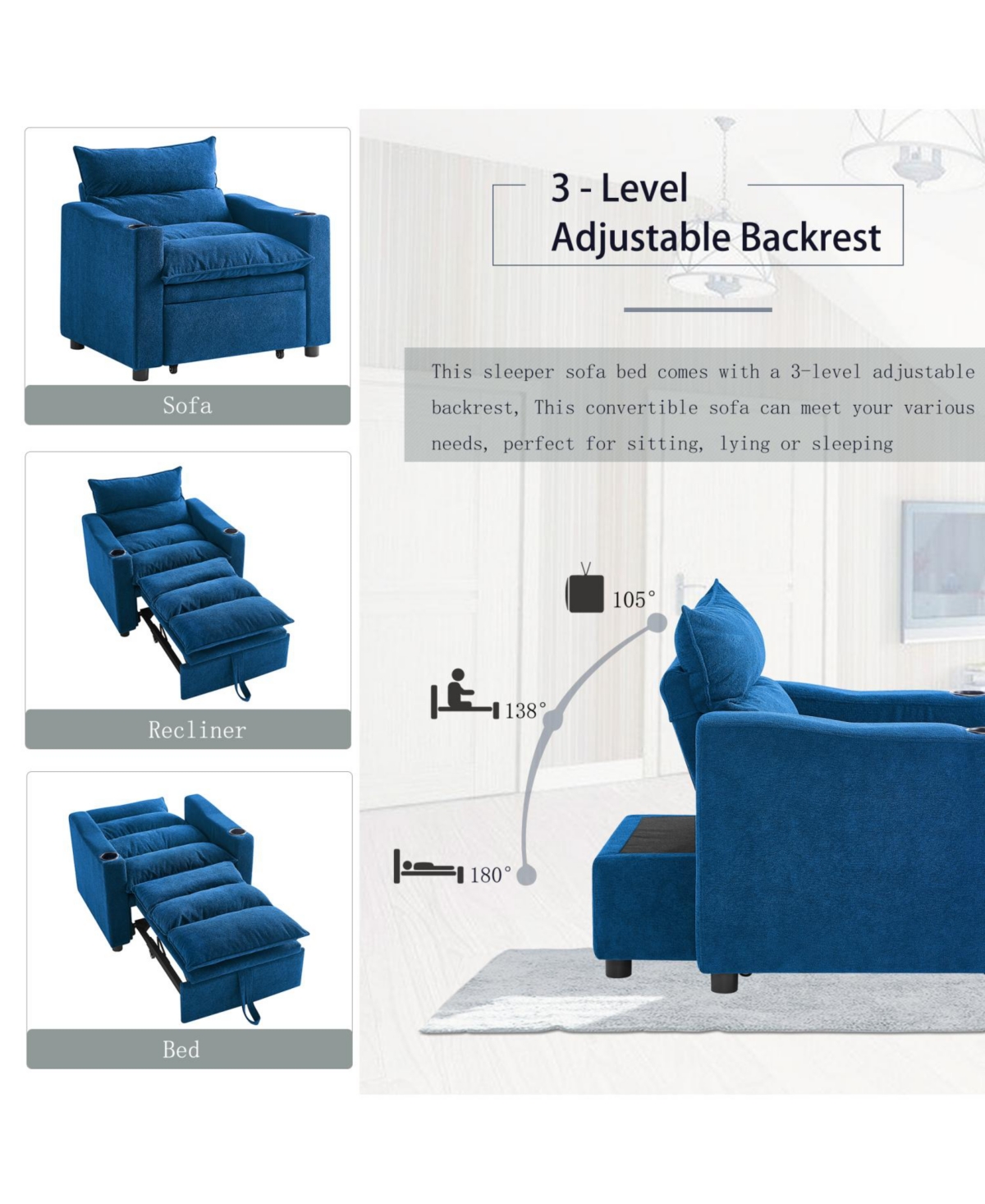 Streamdale Furniture Convertible Sofa Chair Bed - Blue