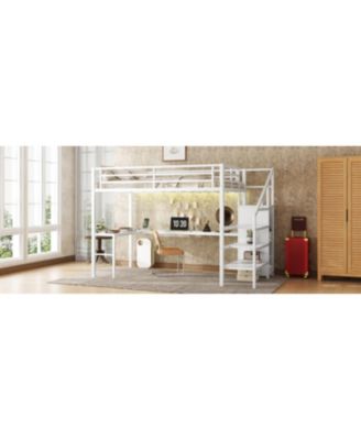 Loft Bed with Desk Wardrobe Shelf & LED - White