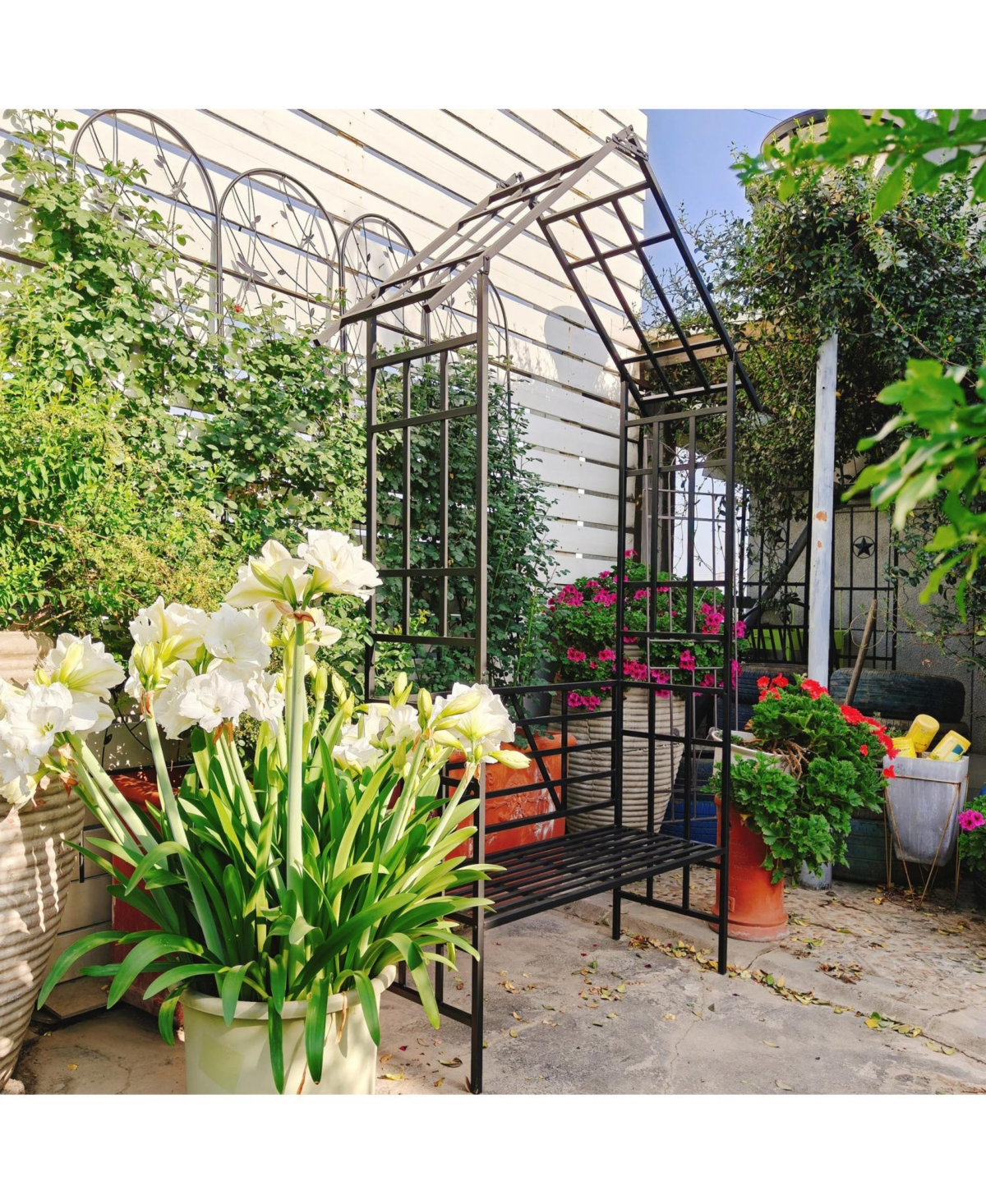 Streamdale Furniture Metal Garden Arch Bench Flower Stand Climbing Plants Support Black