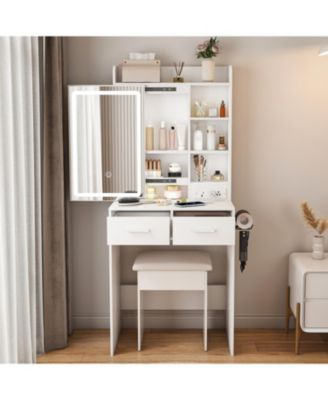 Small Vanity Desk with Mirror LED Lights & Outlet - White