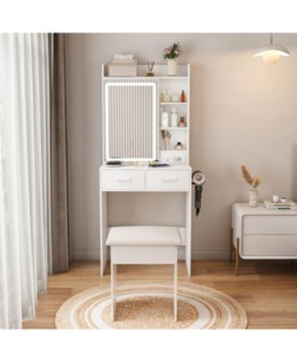 Small Vanity Desk with Mirror LED Lights & Outlet - White