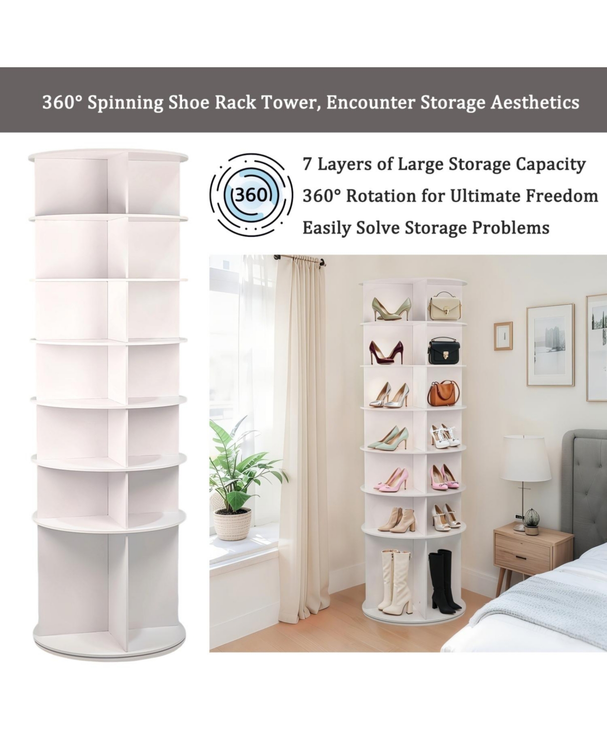 Streamdale Furniture 7-Tier Rotating Shoe Rack Tower - 28 Pairs (White)