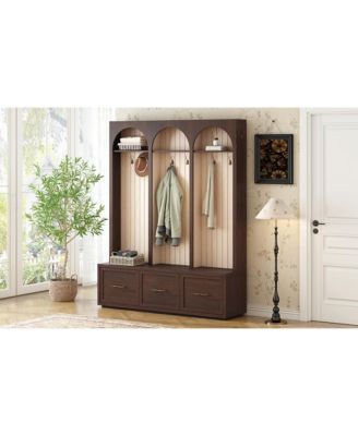 Streamdale Farmhouse Hall Tree Bench, 59" Wide, 8 Hooks, 3 Drawers, Dark Walnut