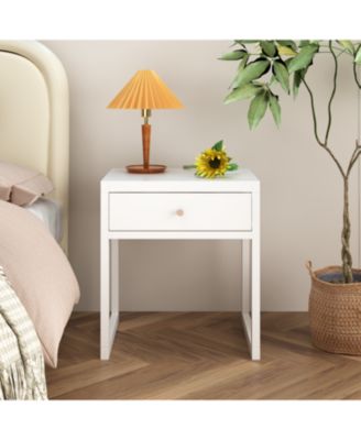 Modern White Nightstand with Drawer & Wood Knob