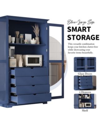 Blue Kitchen Pantry Cabinet with Glass Doors & Drawers