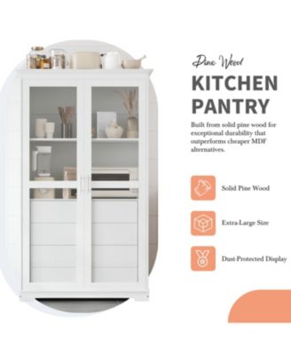  Kitchen Pantry Cabinet with Glass Doors & Drawers - White