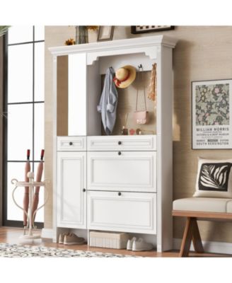 Hall Tree w/ Shoe Cabinet, Mirrored Door, Bench, Hooks & Drawers