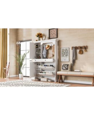 Hall Tree w/ Shoe Cabinet, Mirrored Door, Bench, Hooks & Drawers