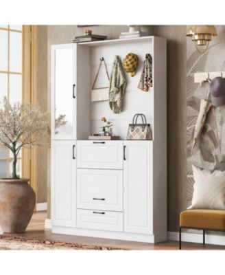  Entryway Bench with Shoe Cabinet, Hall Tree, Hooks & Foldable Seat