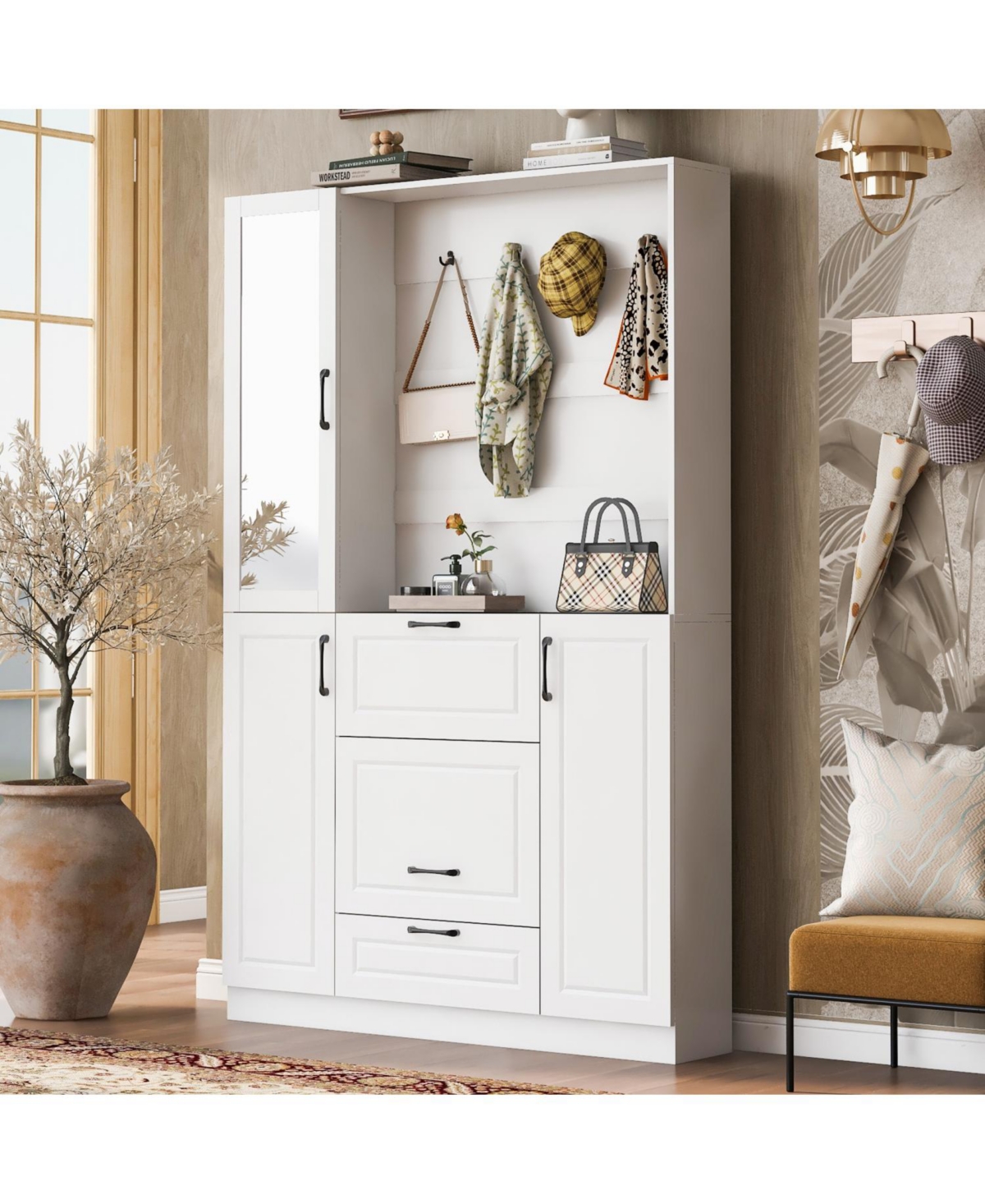 Streamdale Furniture Entryway Bench with Shoe Cabinet, Hall Tree, Hooks & Foldable Seat