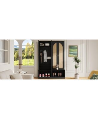 Streamdale Farmhouse Hall Tree- Rattan Doors, Bench, Hooks, Shoe Cabinet - Black, 55.1&amp;#x22;W