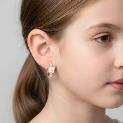 14K Gold Plated with White Enamel Pearl & Clear Cubic Zirconia Flower Design Hoop Earrings