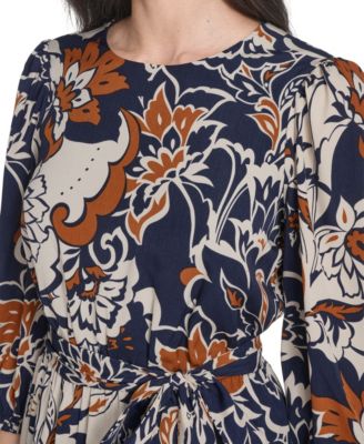 Petite Jewel Neck Belted Fit and Flare Godet Dress