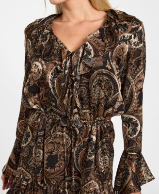 Women's Paisley Print Long Ruffle Sleeves Mini Dress