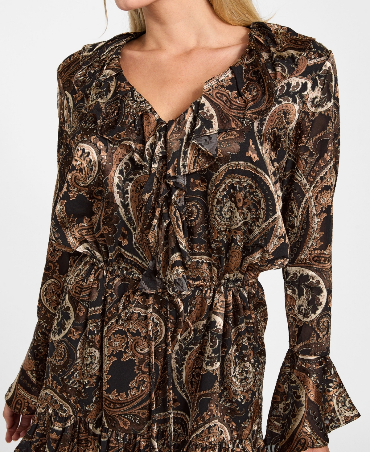 Guess Sana Paisley Long Sleeve Minidress In Brown
