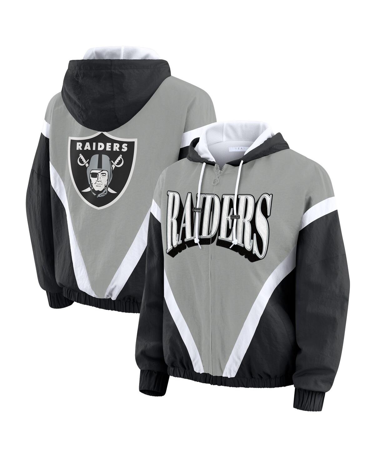 Wear By Erin Andrews Women's Black/silver Las Vegas Raiders Retro Crinkle Full-zip Hoodie Windbreaker In Multi