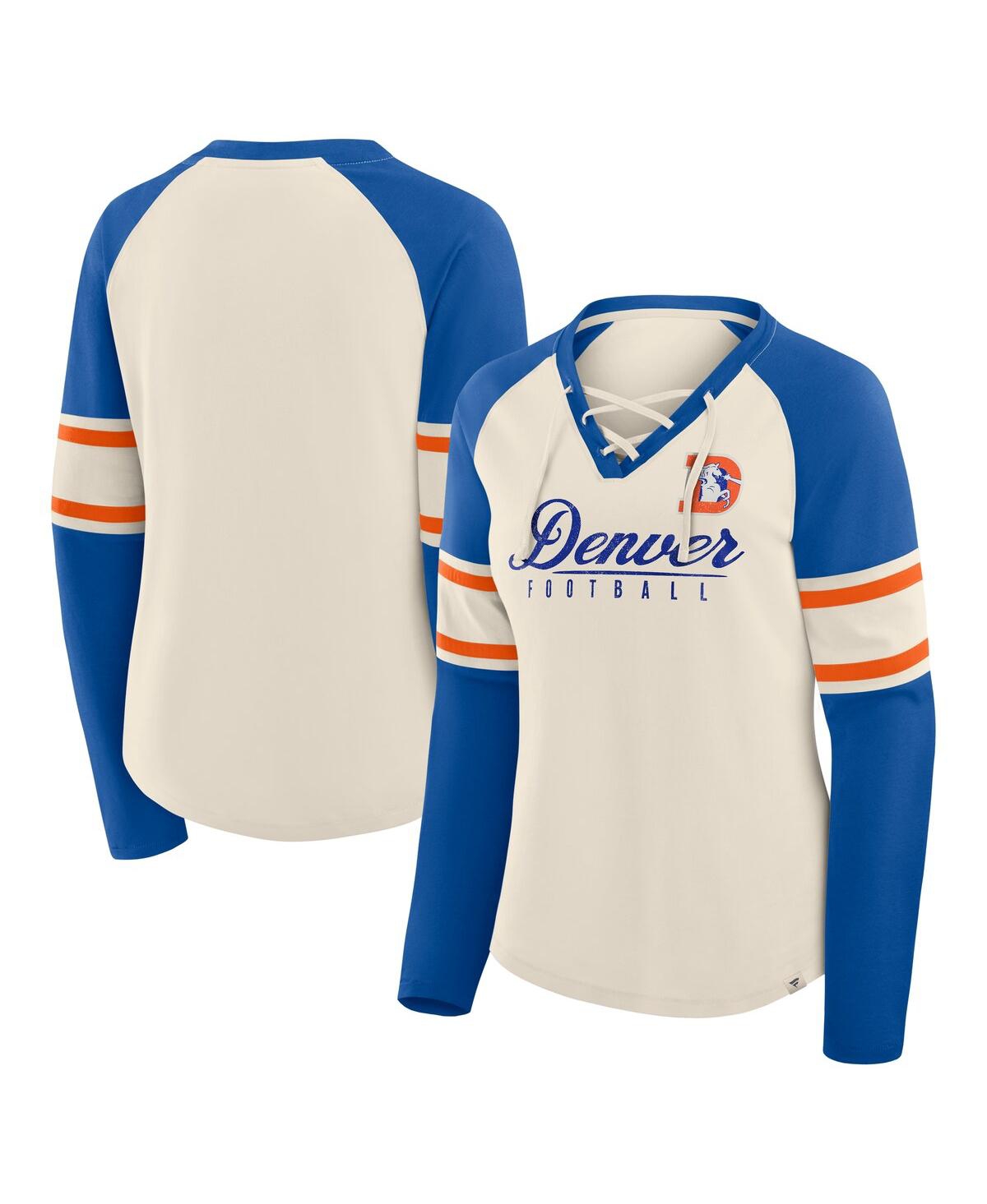 Fanatics Women's Cream/royal Denver Broncos Hometown Gridiron Hero Raglan Lace-up V-neck Long Sleeve T-shirt In Multi