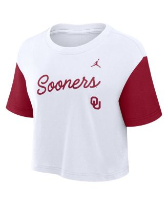 Women's White/Crimson Oklahoma Sooners Color-Block Script Dri-FIT Cropped T-Shirt