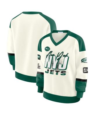 WEAR by Erin Andrews - Women's Cream New York Jets Racing Crew V-Neck Sweatshirt