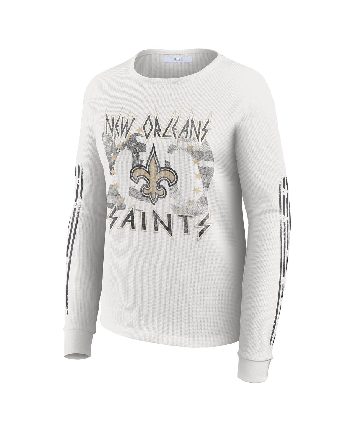 Wear By Erin Andrews Women's White New Orleans Saints Graphic Waffle Long-sleeve T-shirt In Gray