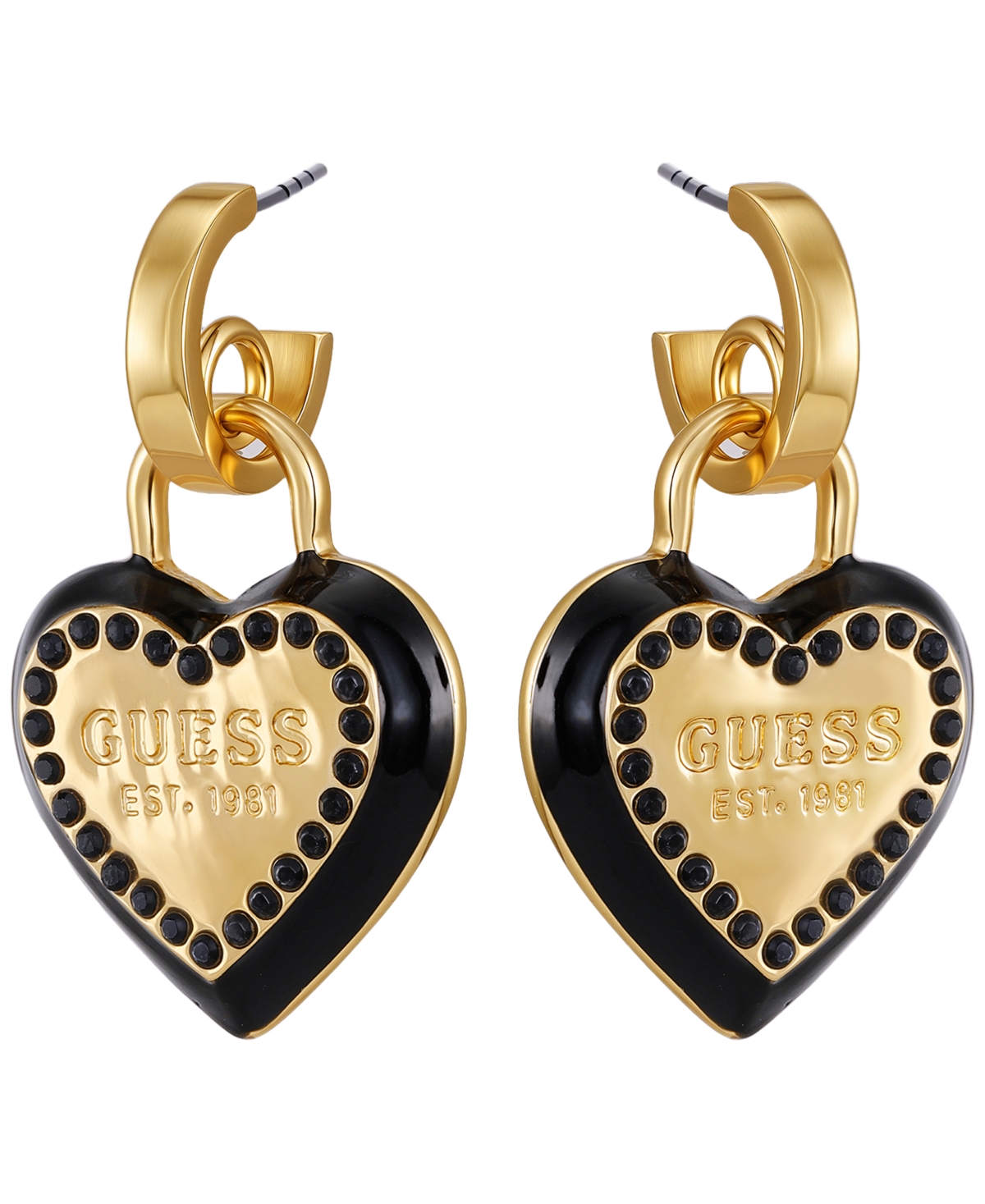Guess Glass Stone Gold-tone Heart Drop Hoop Earrings