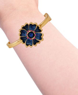 Glass Stone Gold-Tone Floral Hinged Bangle Bracelet