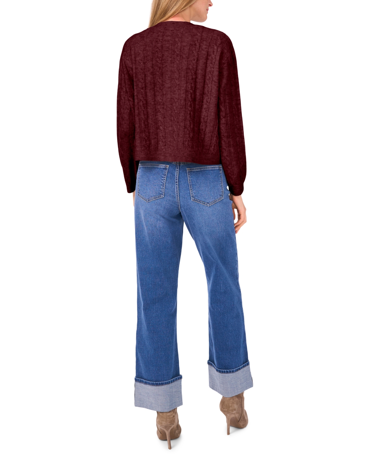 1.state Women's Long Sleeve Crewneck Cardigan Sweater In Burgundy