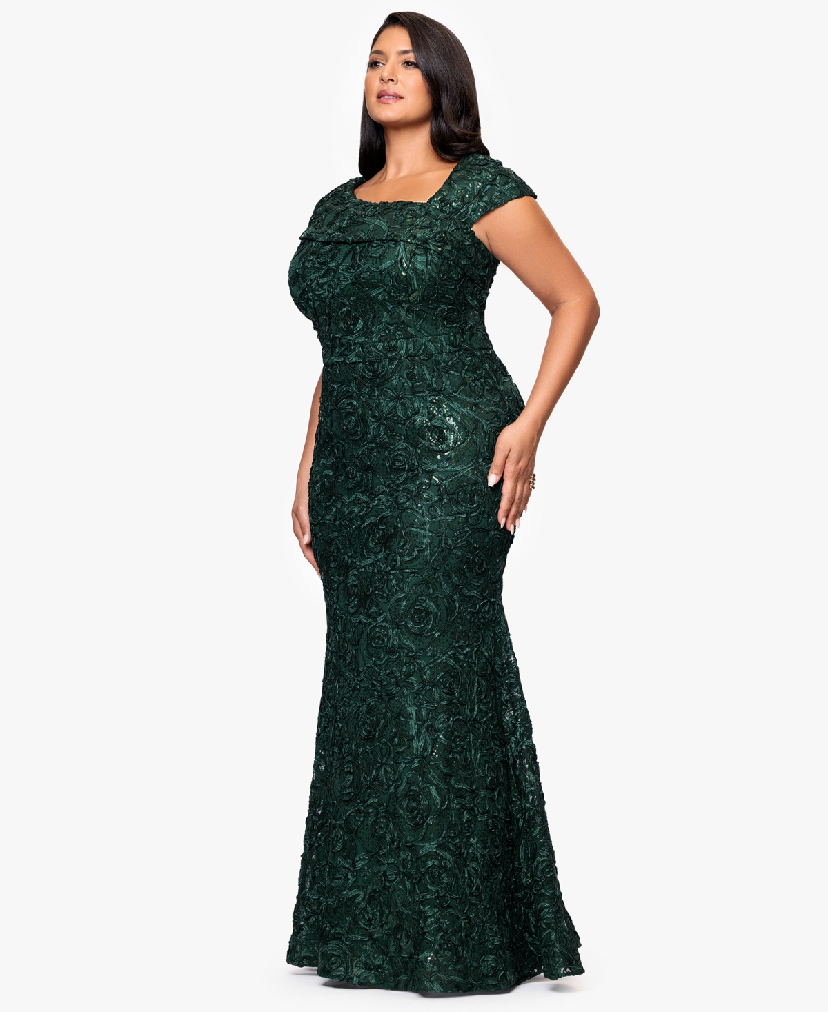 Xscape Plus Size Lace Detail Asymmetrical Neck Maxi Dress In Green