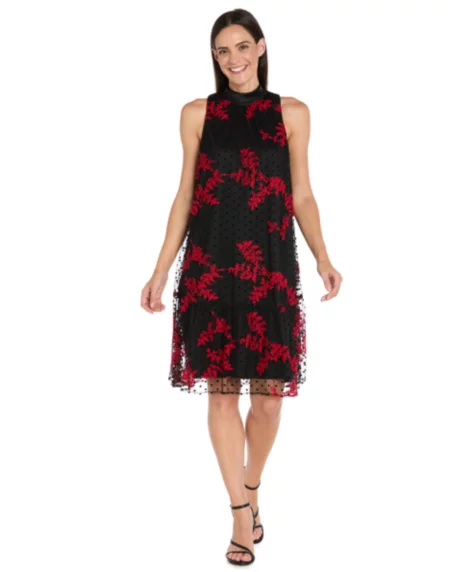 Petite Embroidered Mesh Trapeze Midi Dress - Black.red