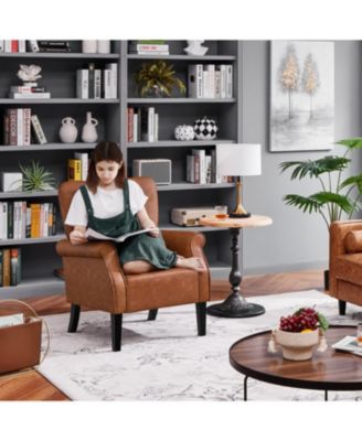 High Back PU Leather Accent Armchair with Wood-tone Metal Legs