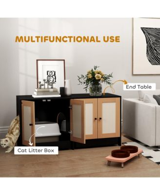 Cat Litter Box Enclosure w/ 2 Cabinets, Scratching Mats, Trays