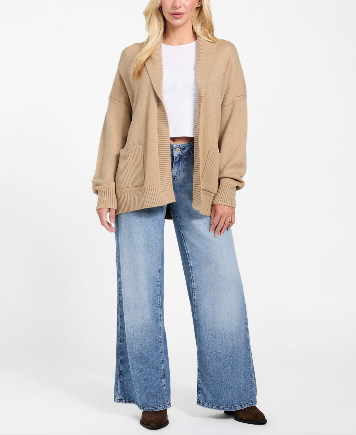 Guess Belted Shawl Collar Cardigan In Brown