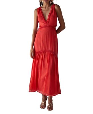 Women's Chiffon Fringe Trim Cut Out Maxi Dress