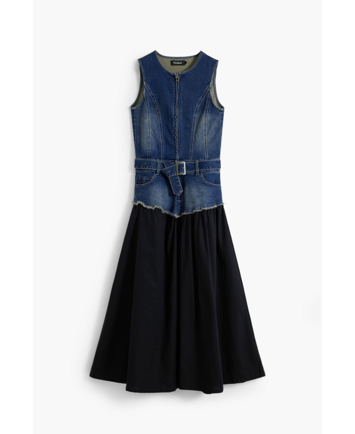 Desigual Sleeveless Mixed Media Midi Dress In Blue