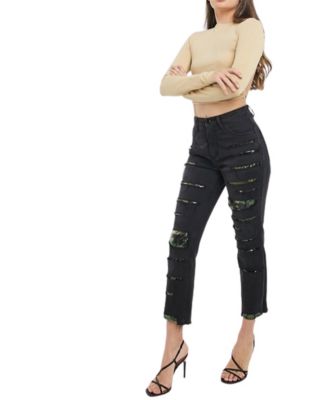 Women's High Rise Camo Sequin Straight Leg Jeans