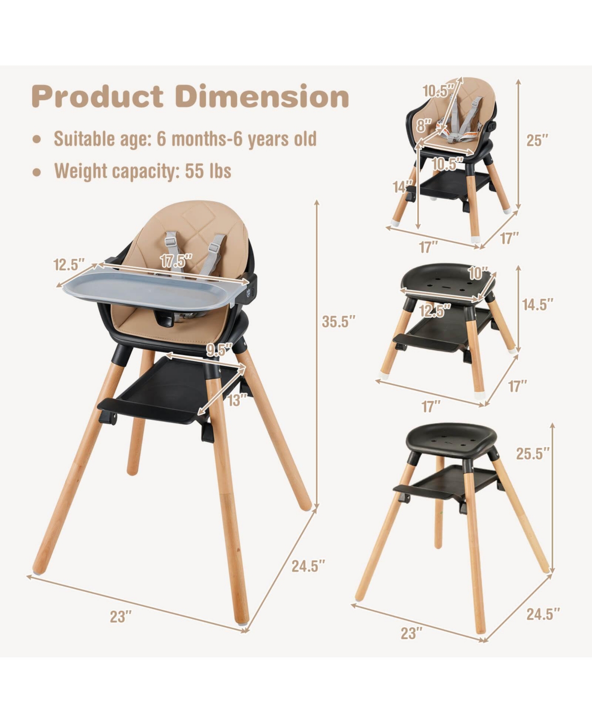 Costway 6-in-1 Convertible Wooden Baby Highchair Infant Feeding Chair w/ Removable Tray