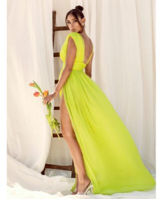 Women Valley Of Angels Lime Chiffon Pleated High Slit Maxi Dress