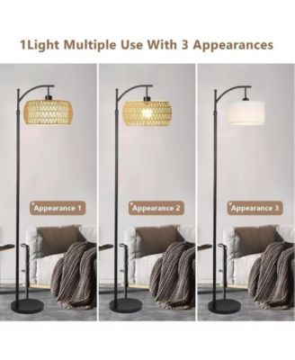 Dimmable Boho Floor Lamp with Rattan & Linen Drum Shade – Remote & Footswitch Control