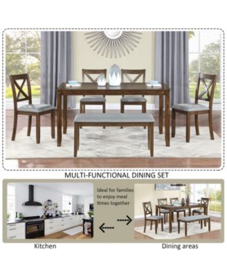 CASAINC 6 Pc. Set MDF, Birch Veneer, Solid Wood Upholstered Chairs, Bench, Space-Saving Wooden Dining Table Set