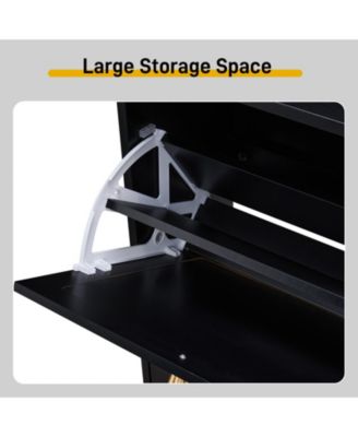 2 Rows of 4 Dump Buckets Shoe Cabinet with Frame High Legs and Wood Rattan Surface