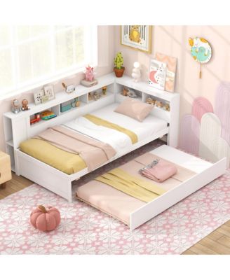 Twin Size Daybed w/ Trundle Bedside Shelves Reversible Bookcase Headboard