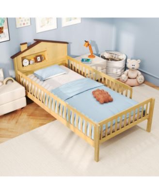 Twin Size Kids Bed Solid Wood Platform Bed w/ Under-bed Storage & Storage Cube
