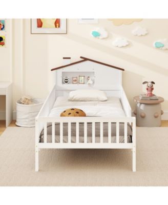 Twin Size Kids Bed Solid Wood Platform Bed w/ Under-bed Storage & Storage Cube