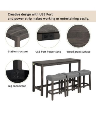 4 Piece Bar Table Set with Power Outlet and 3 Padded Stools for Dining or Living Room