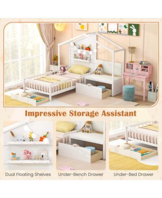 Twin Size House Bed Kids Platform Bed w/ Padded Bench & Floating Shelves