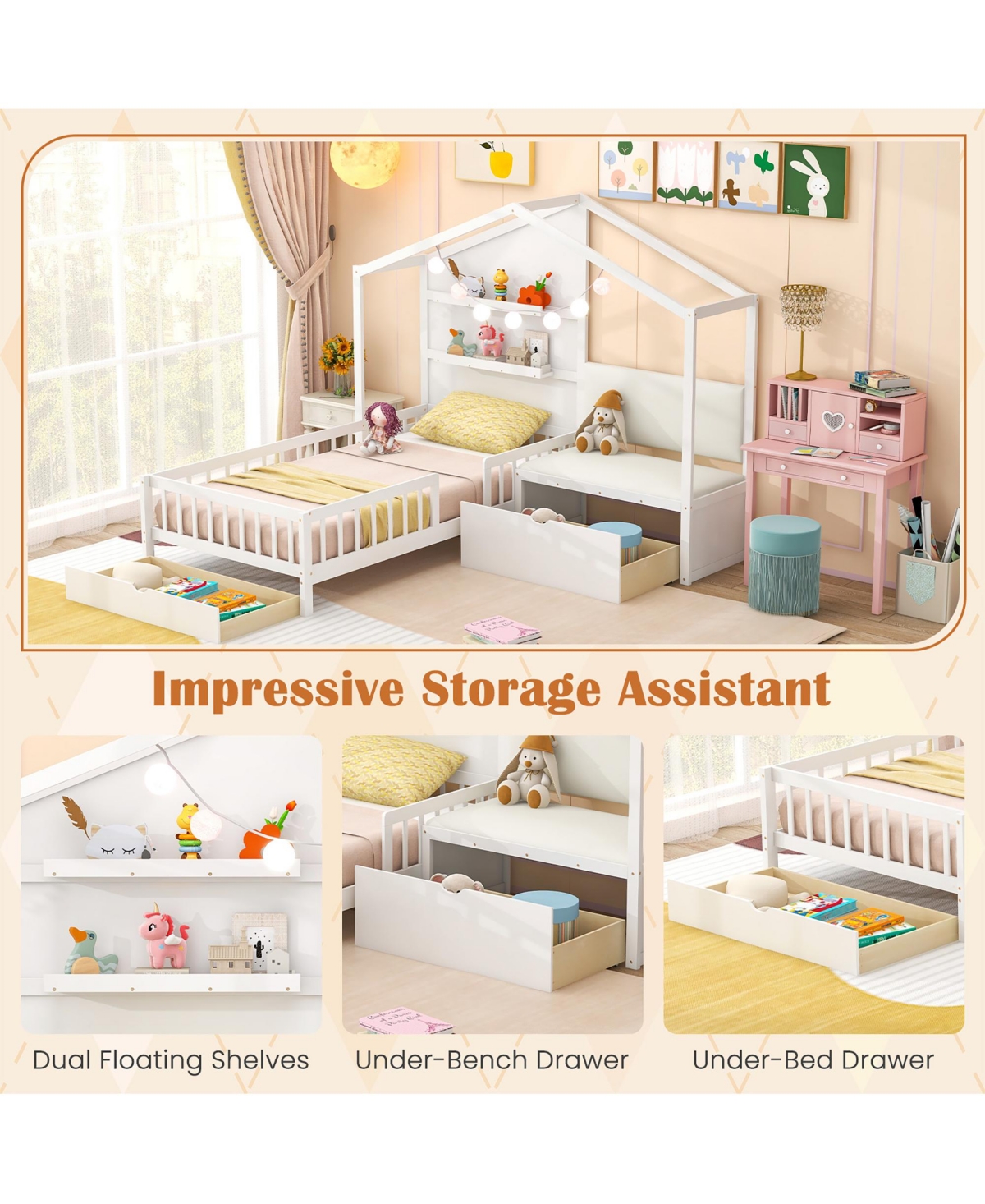 Gymax Twin Size House Bed Kids Platform Bed w/ Padded Bench & Floating Shelves