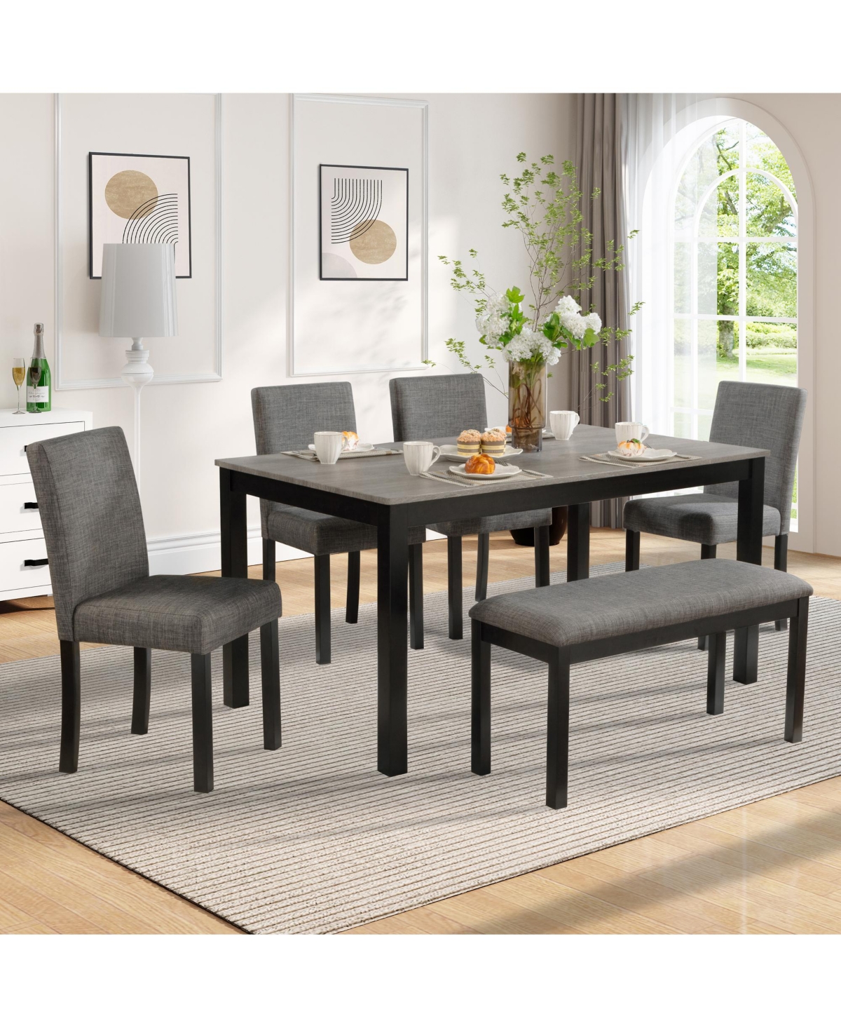 Casainc 6 Piece Dining Table Set with Rectangular Table, Chairs and Bench for Dining Room