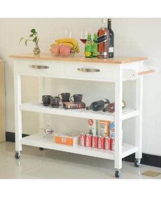 Mobile Kitchen Island Cart with Rubber Wood Top, Lockable Wheels and Storage Drawers