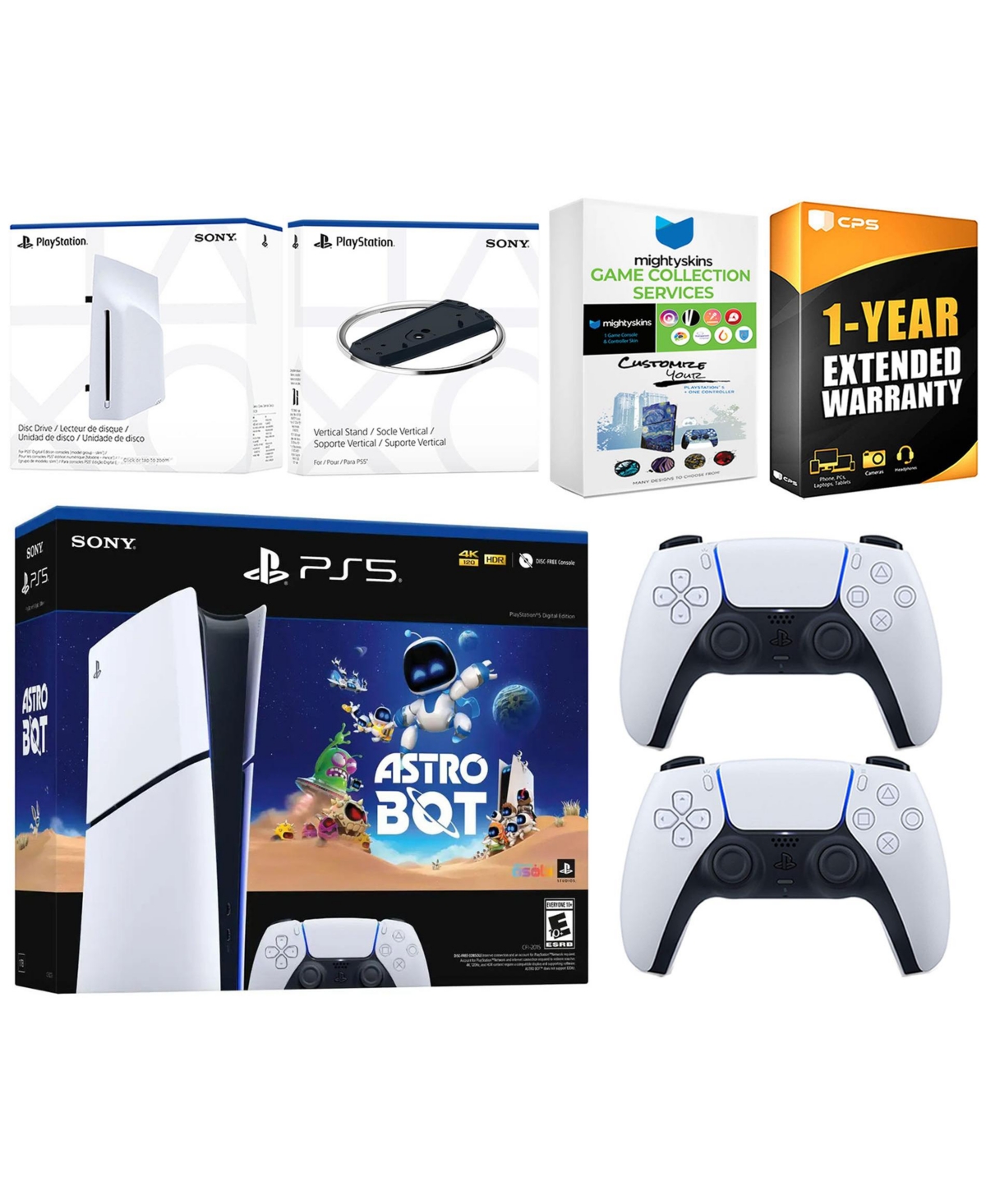 Sony PlayStation 5 Astro Bot Slim Digital Bundle with Disc Drive, Extra Controller, Vertical Stand, MightySkins Game Collection Services and 1 Year Ex